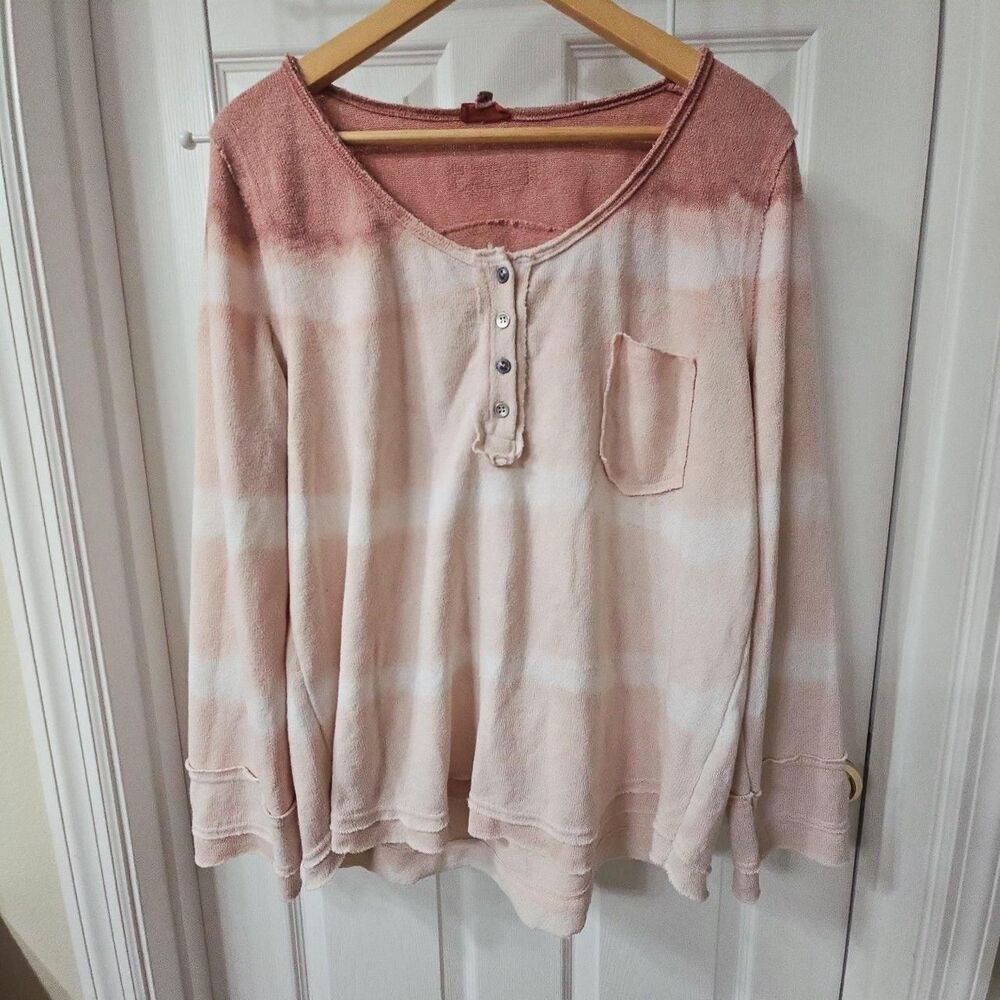 POL Women's Long Sleeve Henley Top in Pink Tie Dye with Raw Edge Details